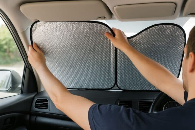 mise en place d'un pare-soleil sur le pare-brise d'une voiture