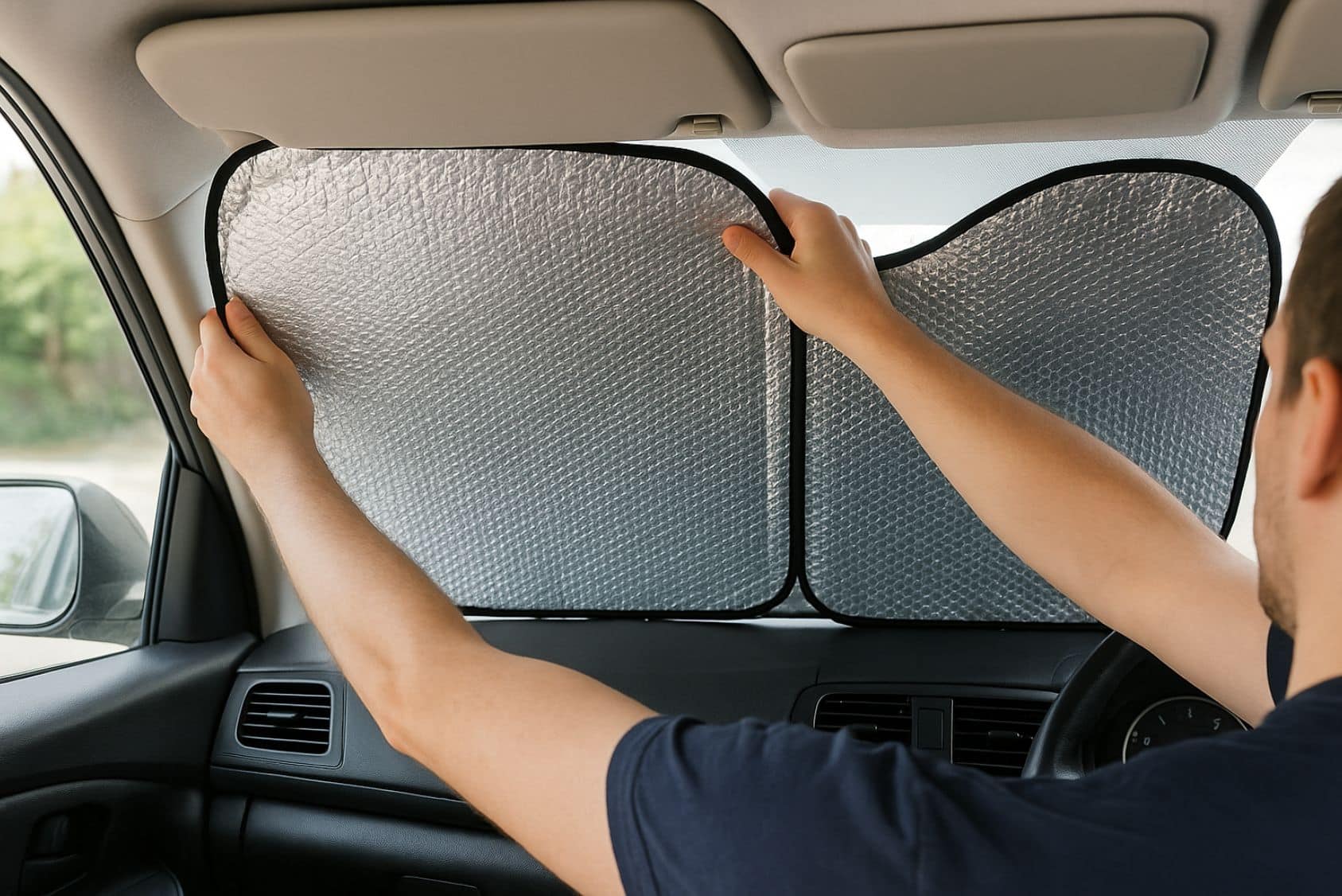 mise en place d'un par soleil sur le pare brise d'une voiture