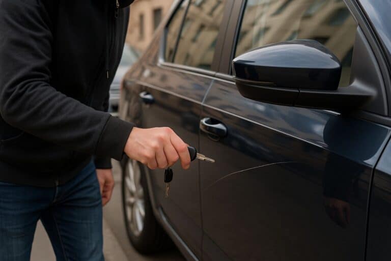 homme qui raye une voiture avec une clé