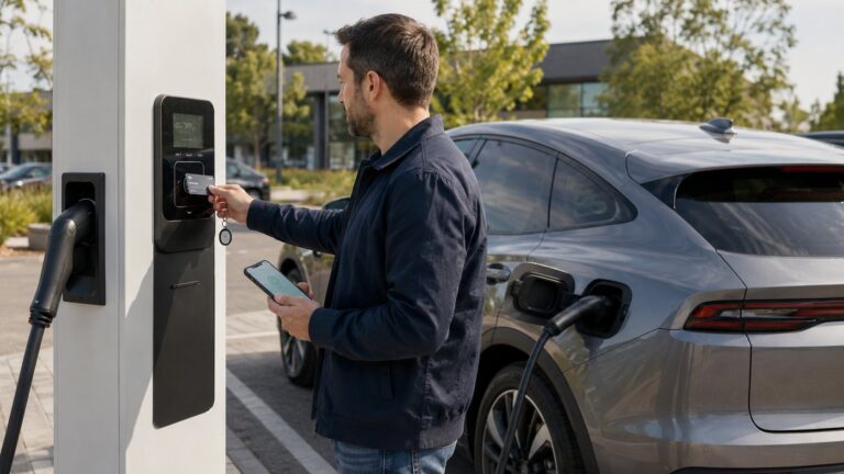 Scène réaliste liée à Payer à une borne électrique : carte, badge ou appli ?