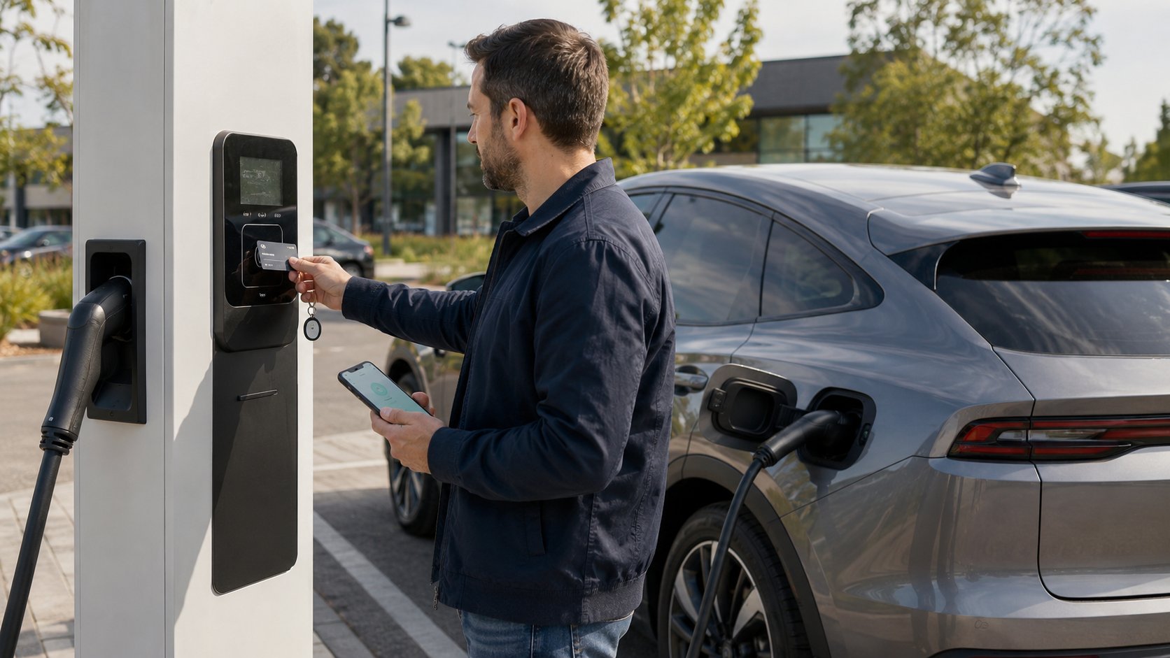 Scène réaliste liée à Payer à une borne électrique : carte, badge ou appli ?