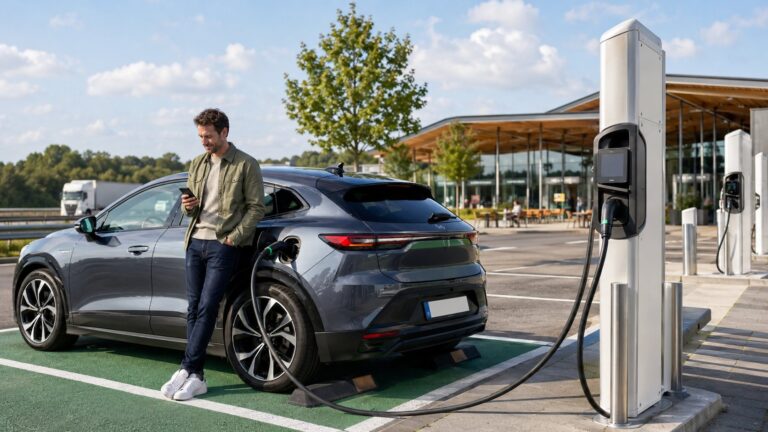 Scène réaliste liée à Voiture électrique sur autoroute : recharger sans stress