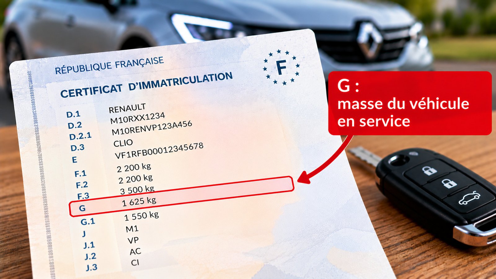 case G carte grise : masse du véhicule en service